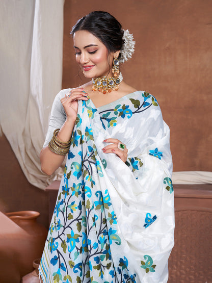 Dhiyona GR Women's Suhani White Cotton Jamdani Saree
