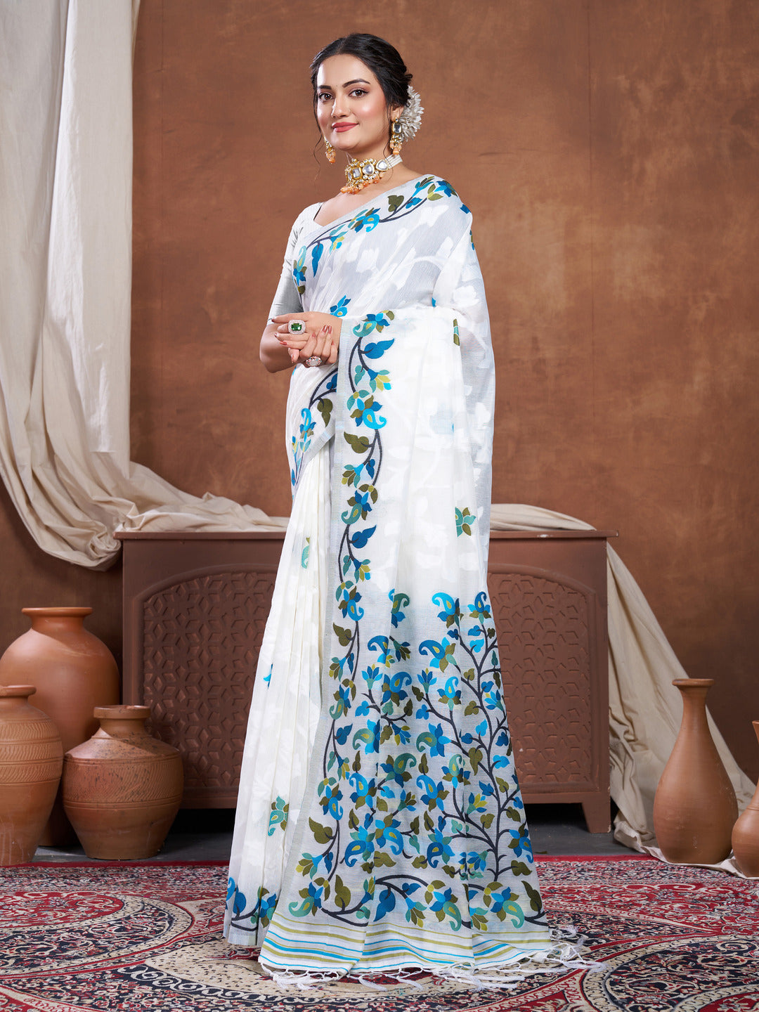 Dhiyona GR Women's Suhani White Cotton Jamdani Saree