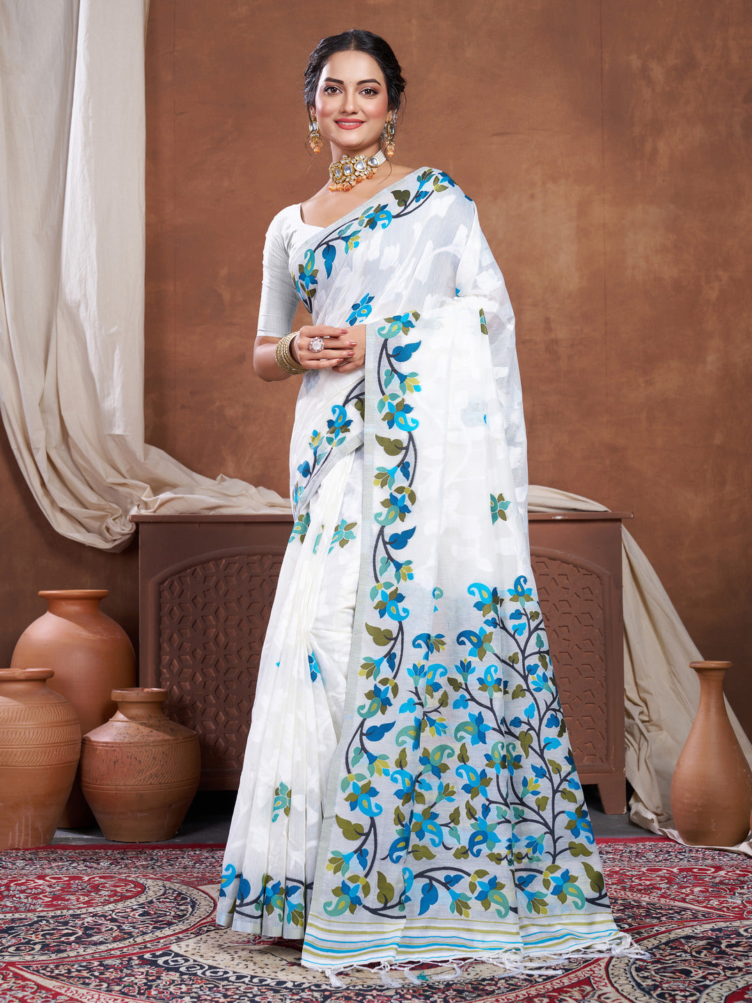 Dhiyona GR Women's Suhani White Cotton Jamdani Saree
