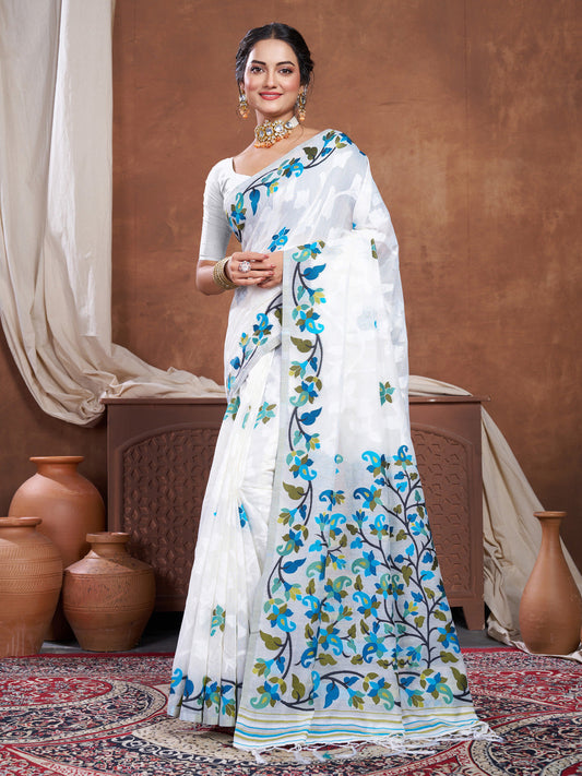 Dhiyona GR Women's Suhani White Cotton Jamdani Saree