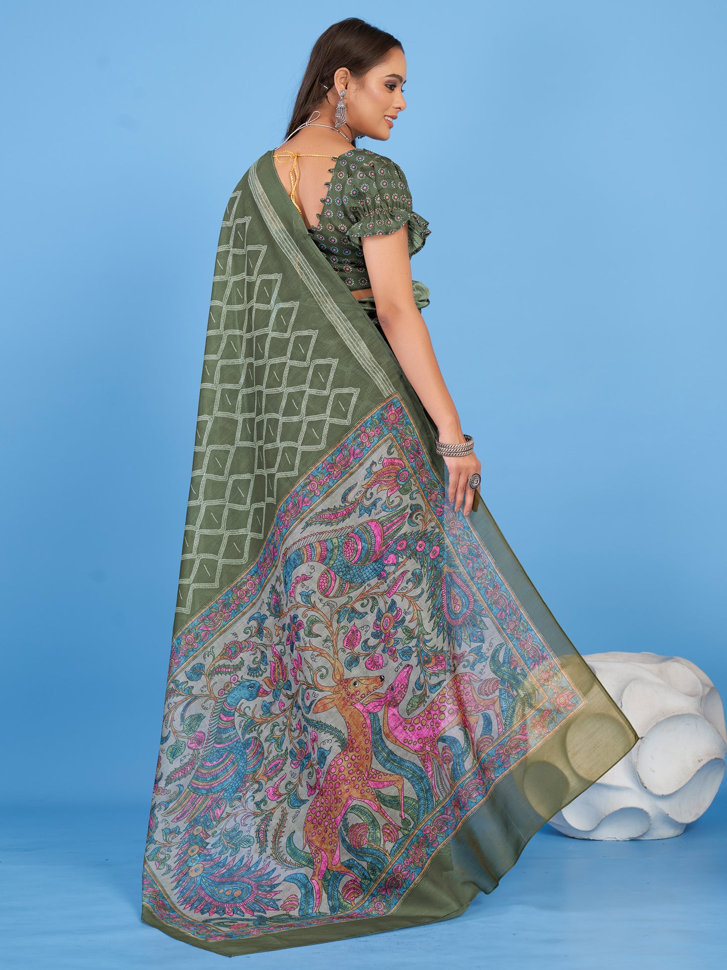 Women's Linen Blend Olive Printed Designer Saree With Blouse Piece