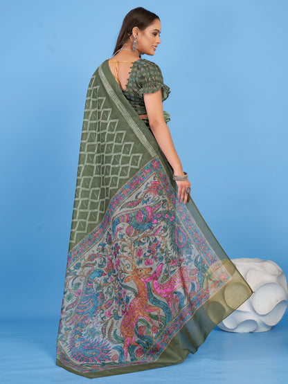 Women's Linen Blend Olive Printed Designer Saree With Blouse Piece