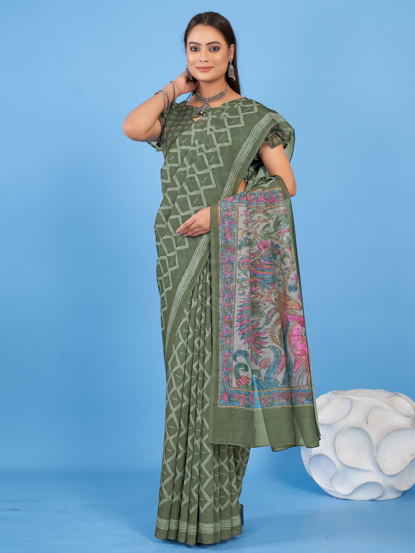 Women's Linen Blend Olive Printed Designer Saree With Blouse Piece