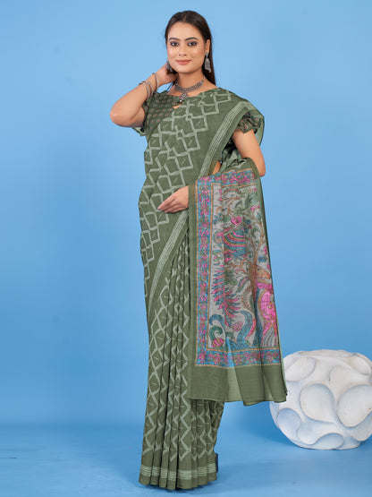 Women's Linen Blend Olive Printed Designer Saree With Blouse Piece