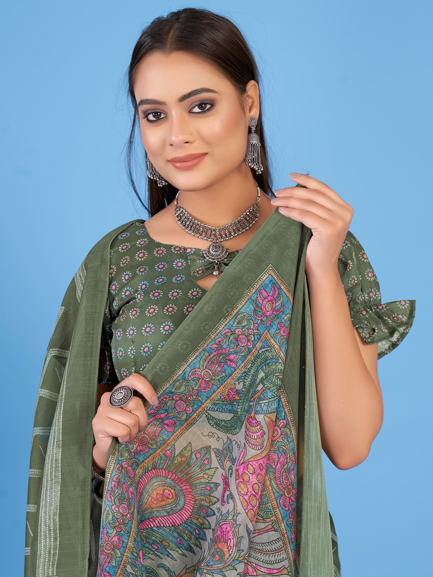Women's Linen Blend Olive Printed Designer Saree With Blouse Piece