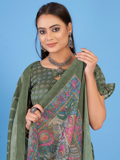 Women's Linen Blend Olive Printed Designer Saree With Blouse Piece