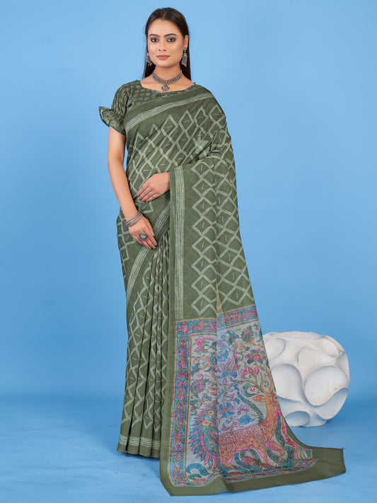Women's Linen Blend Olive Printed Designer Saree With Blouse Piece