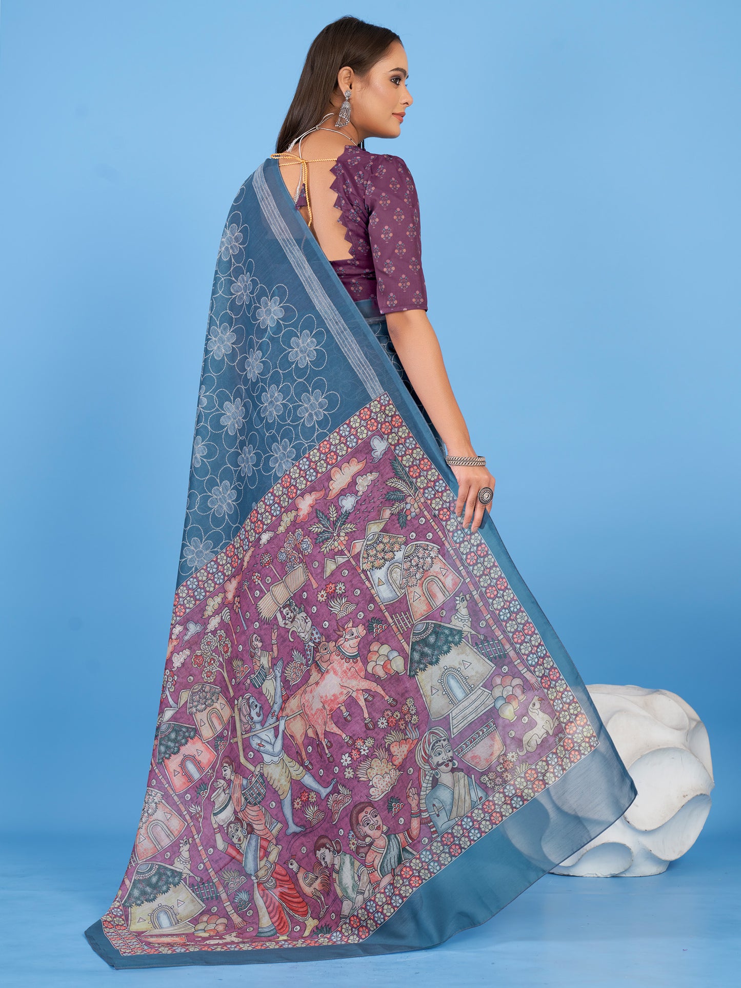 Women's Linen Blend Teal blue Printed Designer Saree With Blouse Piece