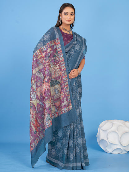 Women's Linen Blend Teal blue Printed Designer Saree With Blouse Piece