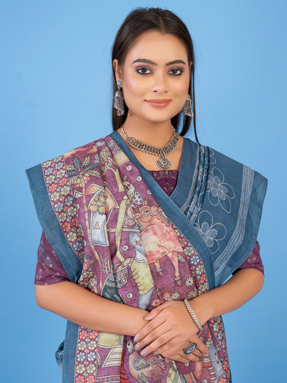 Women's Linen Blend Teal blue Printed Designer Saree With Blouse Piece