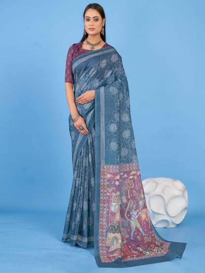 Women's Linen Blend Teal blue Printed Designer Saree With Blouse Piece