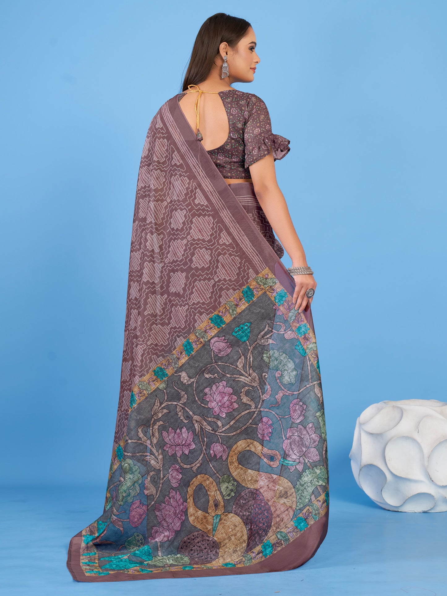 Women's Linen Blend Brown Printed Designer Saree With Blouse Piece