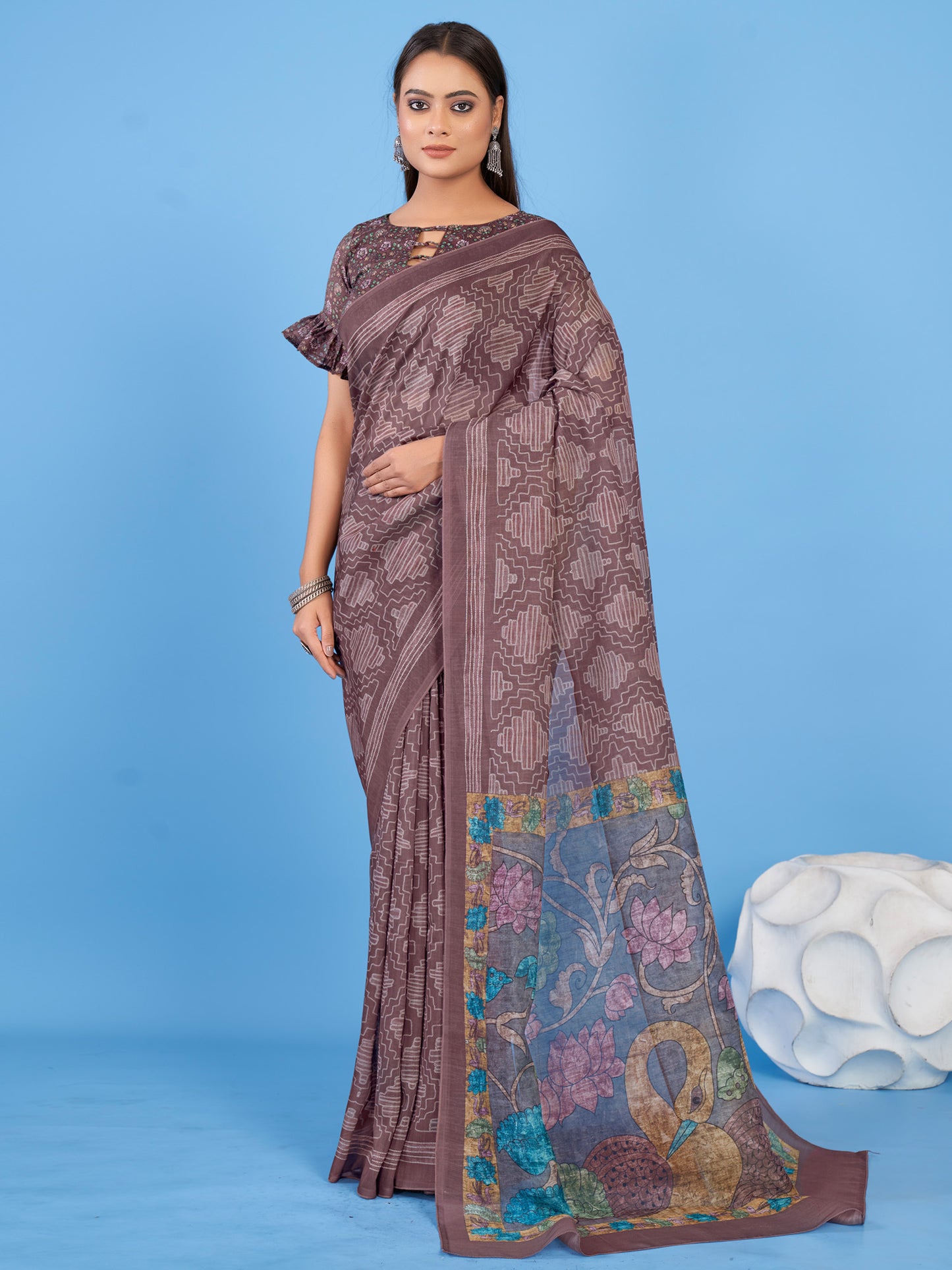 Women's Linen Blend Brown Printed Designer Saree With Blouse Piece