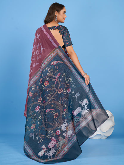 Women's Linen Blend Burgundy Printed Designer Saree With Blouse Piece