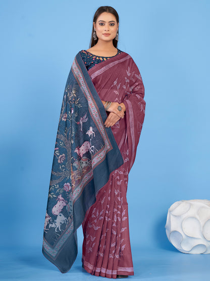 Women's Linen Blend Burgundy Printed Designer Saree With Blouse Piece