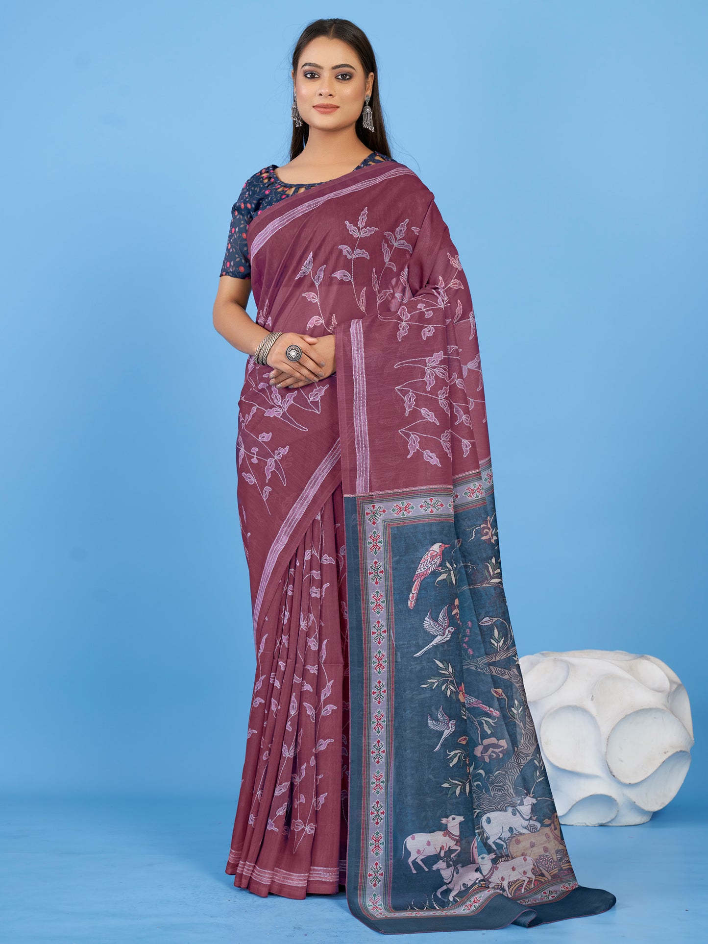 Women's Linen Blend Burgundy Printed Designer Saree With Blouse Piece