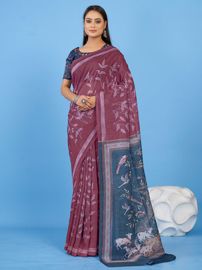 Women's Linen Blend Burgundy Printed Designer Saree With Blouse Piece