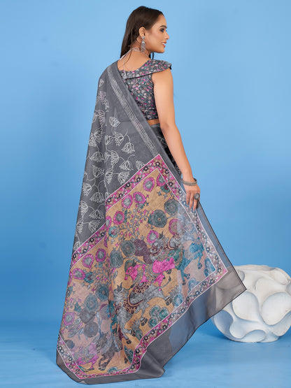 Women's Linen Blend Grey Printed Designer Saree With Blouse Piece