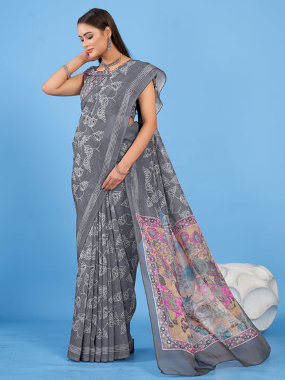 Women's Linen Blend Grey Printed Designer Saree With Blouse Piece
