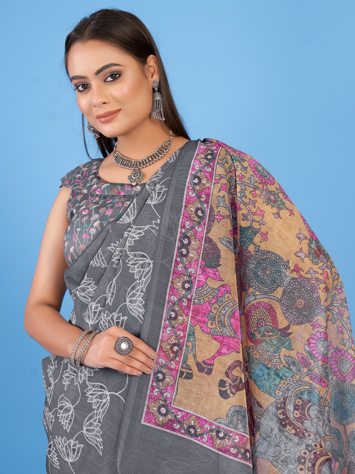 Women's Linen Blend Grey Printed Designer Saree With Blouse Piece