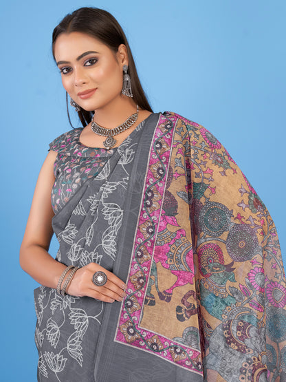 Women's Linen Blend Grey Printed Designer Saree With Blouse Piece