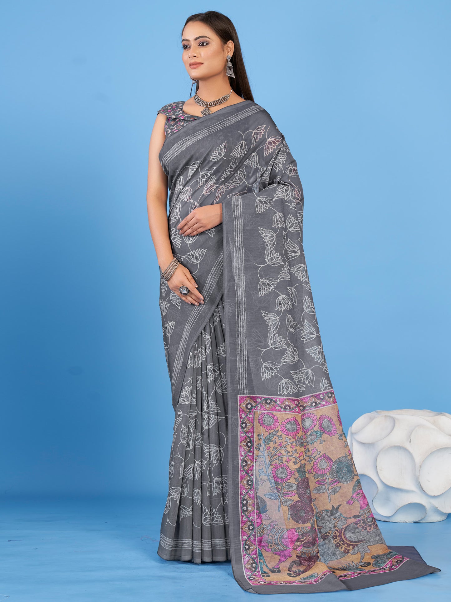 Women's Linen Blend Grey Printed Designer Saree With Blouse Piece
