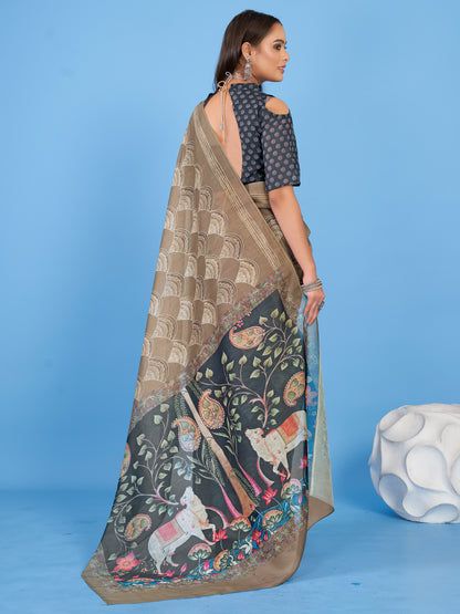 Women's Linen Blend Beige Printed Designer Saree With Blouse Piece