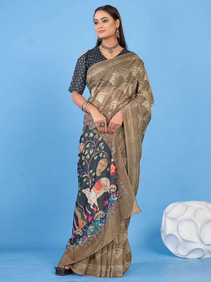 Women's Linen Blend Beige Printed Designer Saree With Blouse Piece