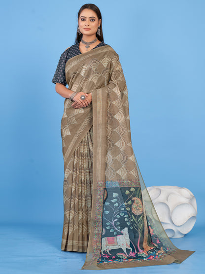 Women's Linen Blend Beige Printed Designer Saree With Blouse Piece