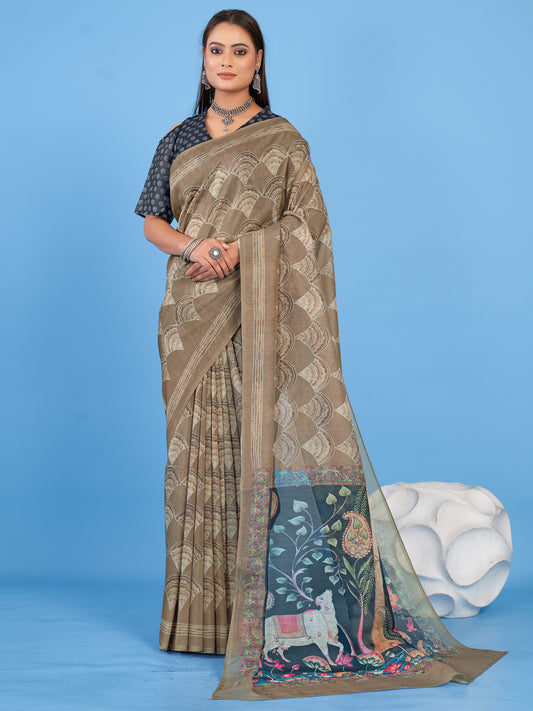 Women's Linen Blend Beige Printed Designer Saree With Blouse Piece