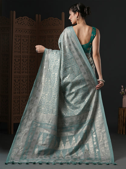 Women's Kota Doria Cotton Grey Printed Designer Saree With Blouse Piece
