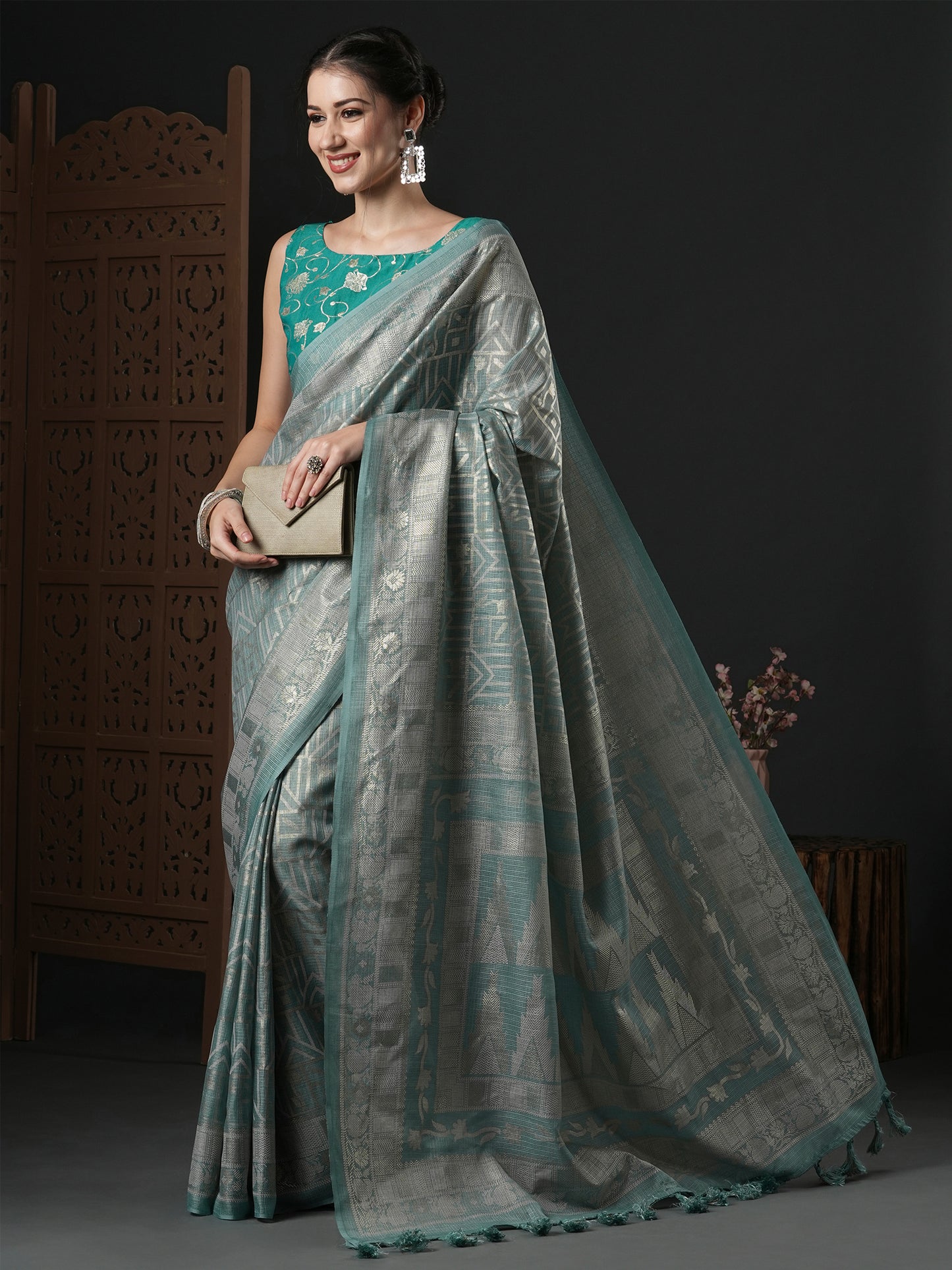 Women's Kota Doria Cotton Grey Printed Designer Saree With Blouse Piece