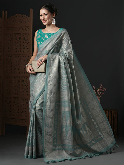 Women's Kota Doria Cotton Grey Printed Designer Saree With Blouse Piece