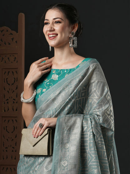 Women's Kota Doria Cotton Grey Printed Designer Saree With Blouse Piece