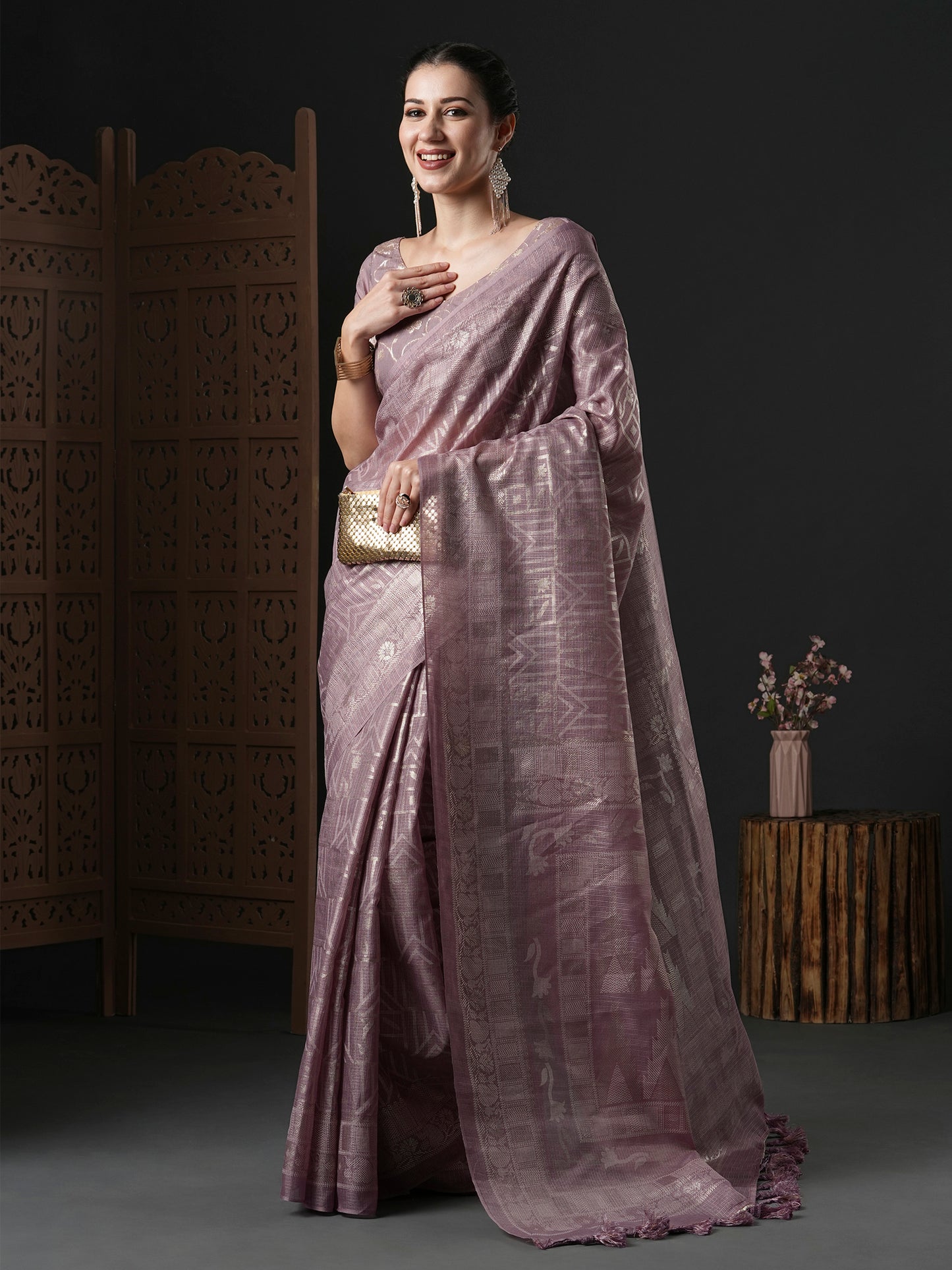 Women's Kota Doria Cotton Mauve Printed Designer Saree With Blouse Piece