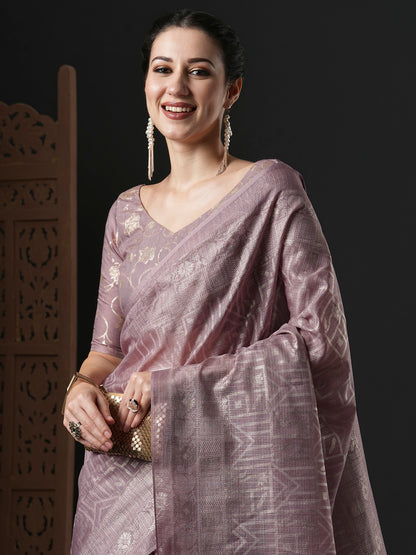 Women's Kota Doria Cotton Mauve Printed Designer Saree With Blouse Piece
