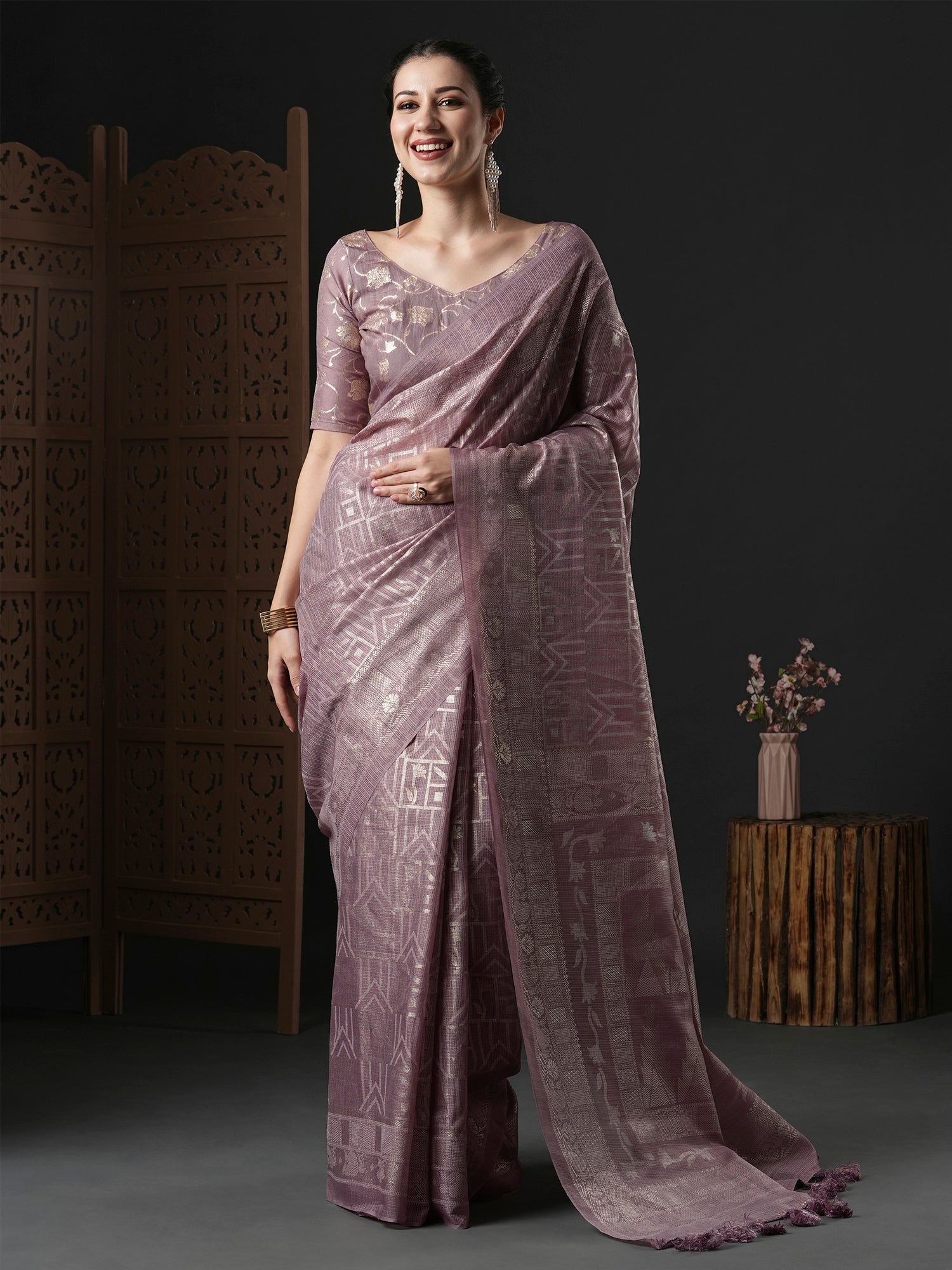 Women's Kota Doria Cotton Mauve Printed Designer Saree With Blouse Piece