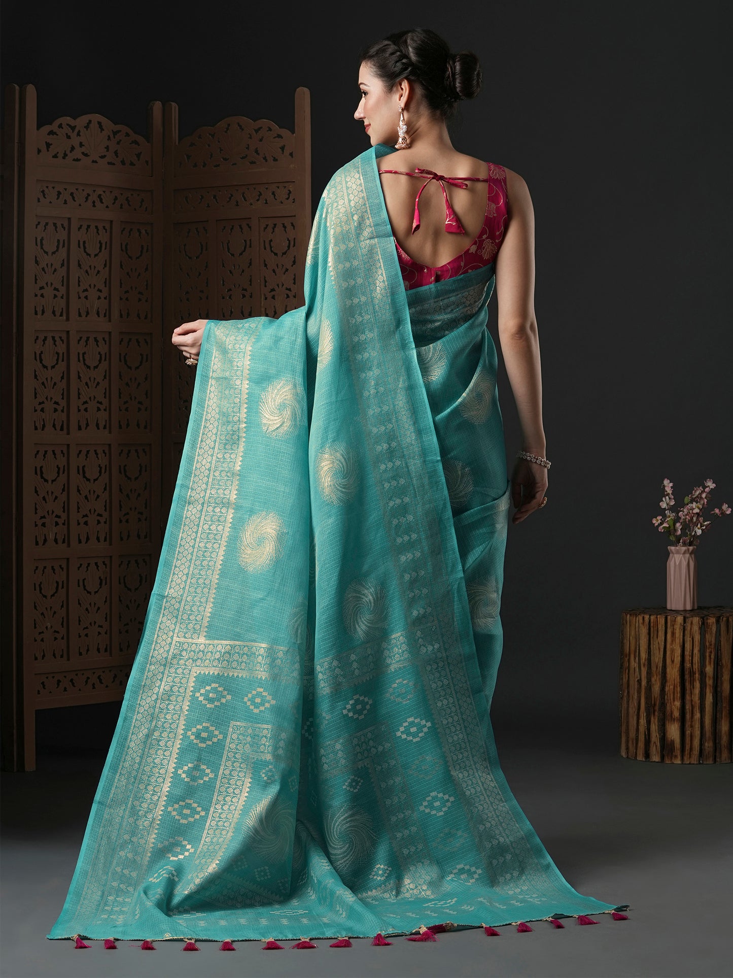 Women's Kota Doria Cotton Blue Printed Designer Saree With Blouse Piece