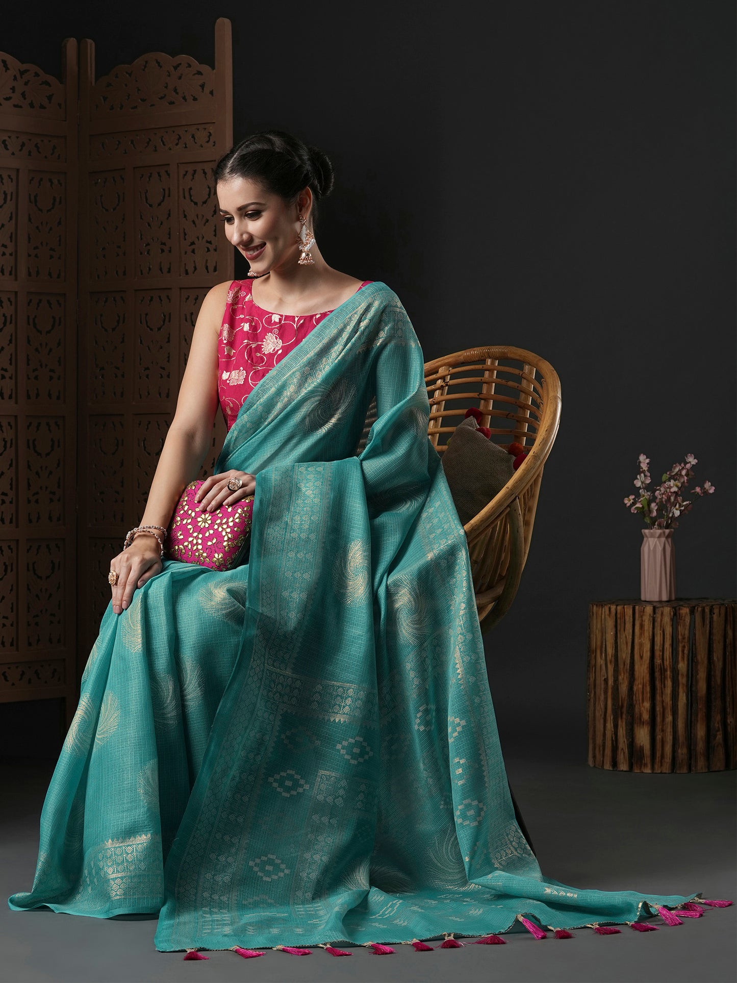 Women's Kota Doria Cotton Blue Printed Designer Saree With Blouse Piece