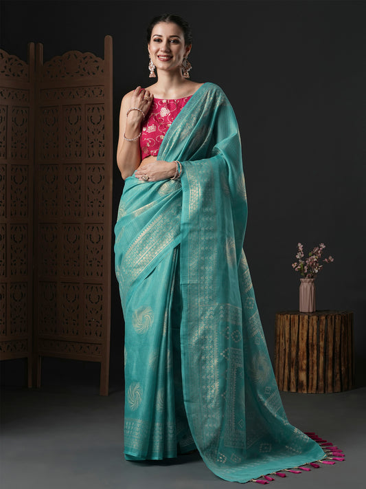 Women's Kota Doria Cotton Blue Printed Designer Saree With Blouse Piece