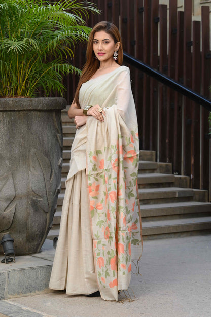 Dhiyona GR Women's Sunflower Beige & Peach Mul Cotton Jamdani Saree
