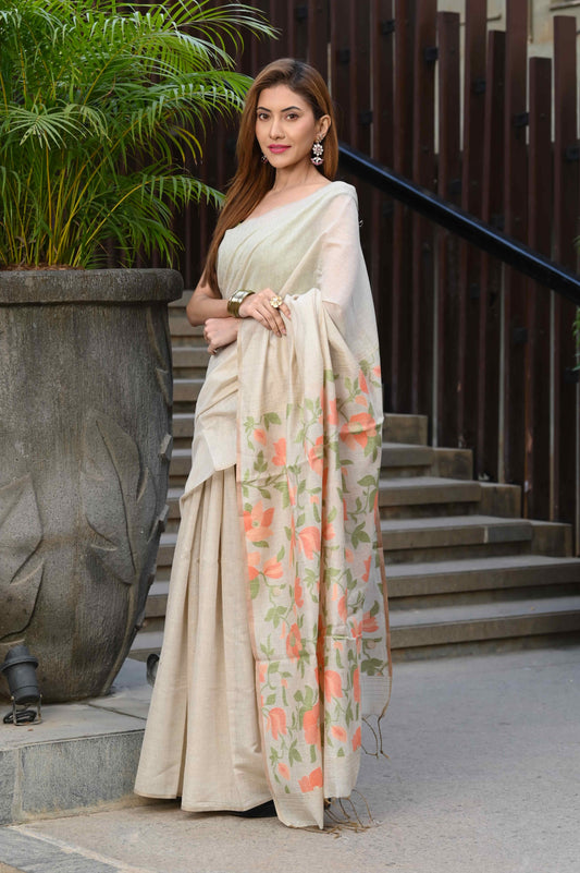 Dhiyona GR Women's Sunflower Beige & Peach Mul Cotton Jamdani Saree