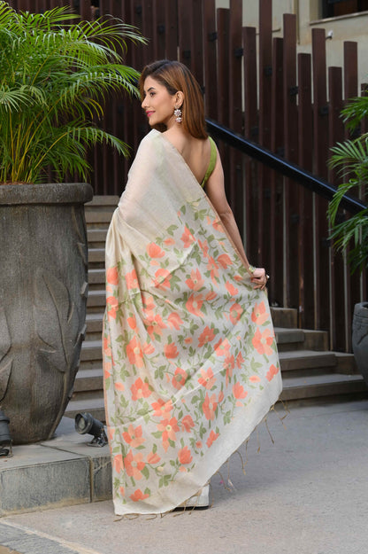 Dhiyona GR Women's Sunflower Beige & Peach Mul Cotton Jamdani Saree