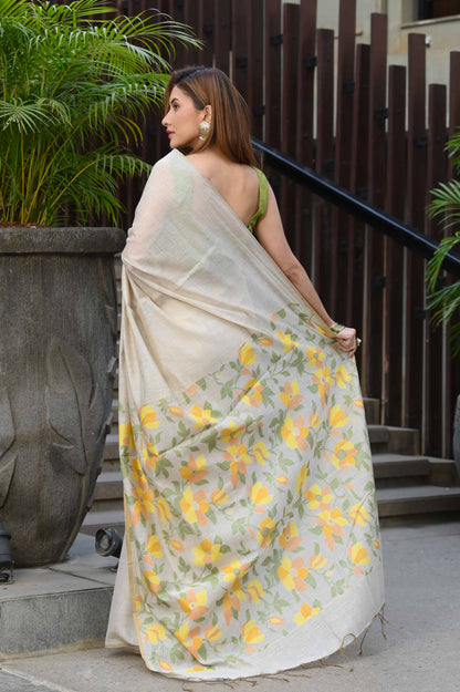 Dhiyona GR Women's Sunflower Beige & Yellow Pure Cotton Jamdani Saree