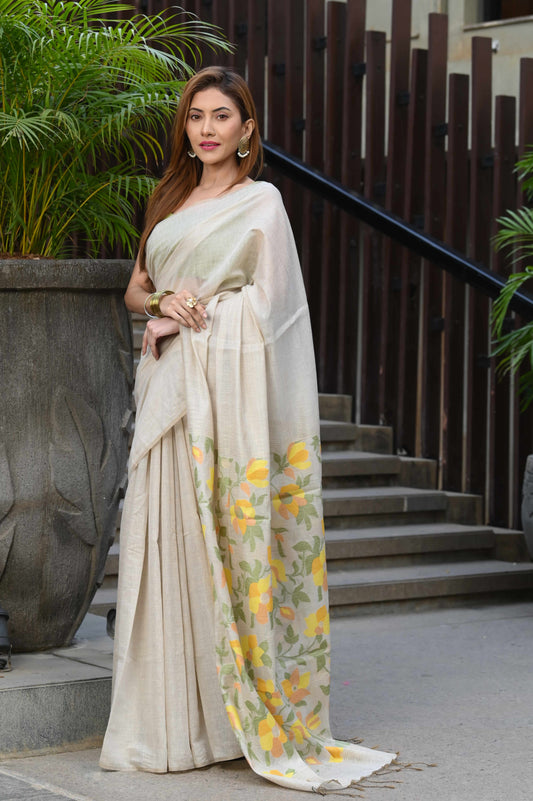 Dhiyona GR Women's Sunflower Beige & Yellow Pure Cotton Jamdani Saree