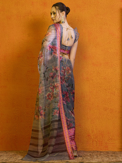 Women's Organza Grey Printed Designer Saree With Blouse Piece