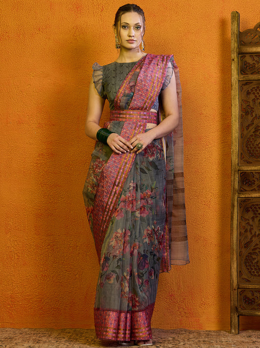 Women's Organza Grey Printed Designer Saree With Blouse Piece