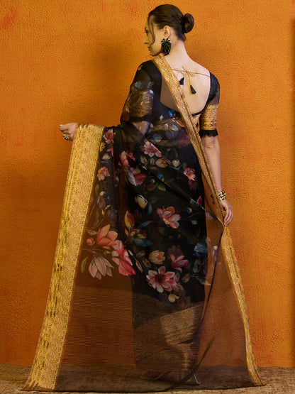 Women's Organza Black Printed Designer Saree With Blouse Piece