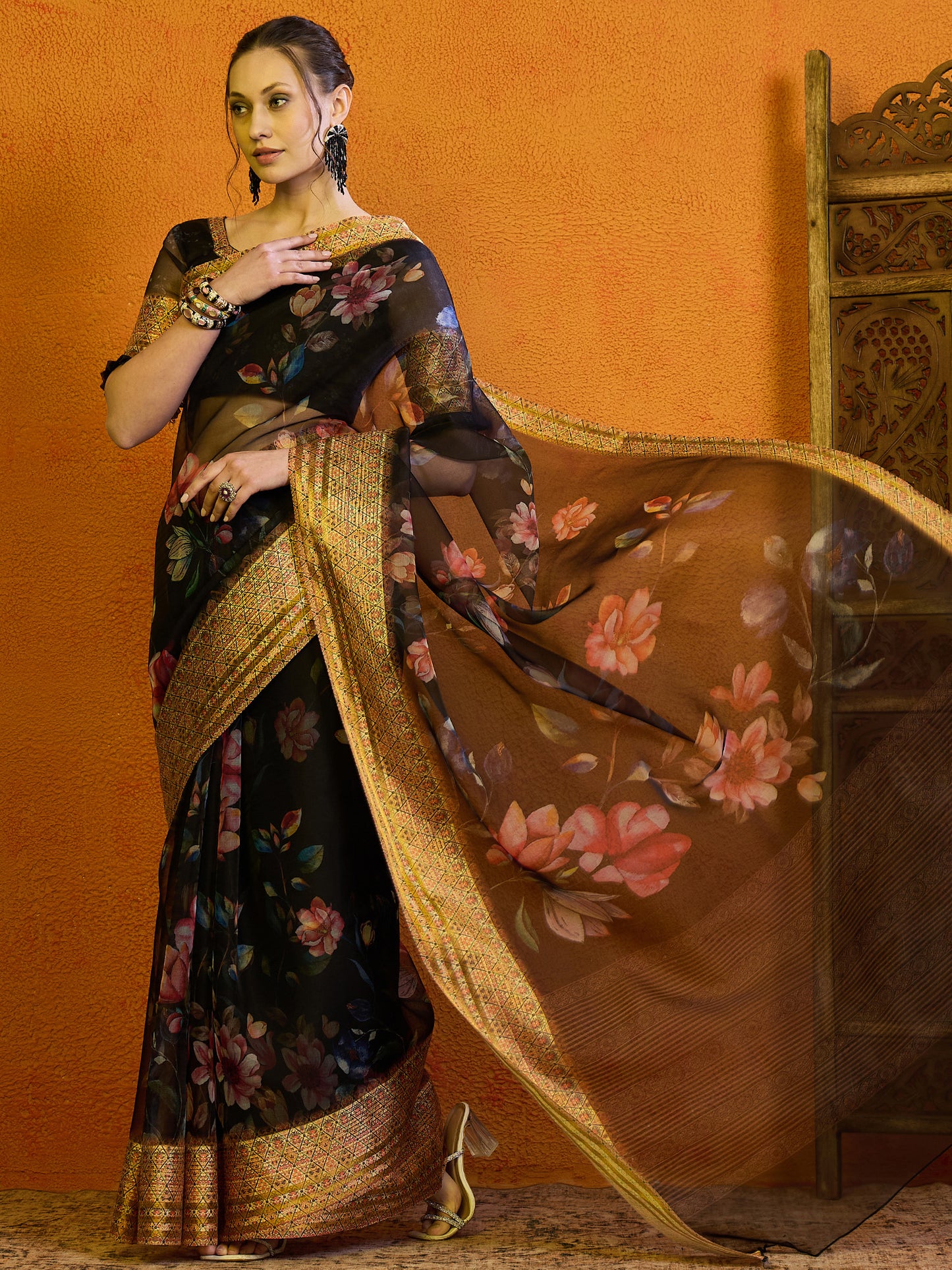 Women's Organza Black Printed Designer Saree With Blouse Piece