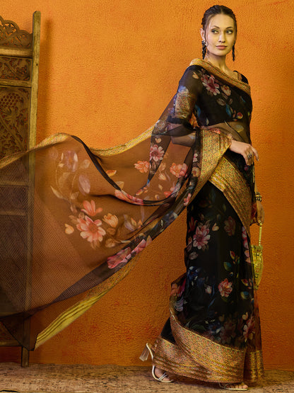 Women's Organza Black Printed Designer Saree With Blouse Piece